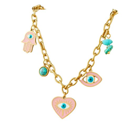 Gold Plated Stainless Steel Eye Heart Charm Necklace / KN4014