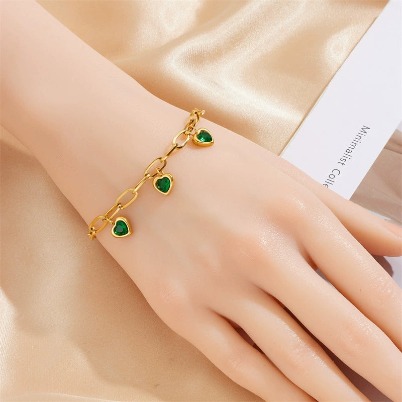 Gold Plated Stainless Steel Gemstone Inlay Heart Charm Bracelet / KB1004