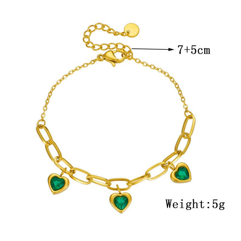 Gold Plated Stainless Steel Gemstone Inlay Heart Charm Bracelet / KB1004