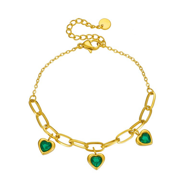 Gold Plated Stainless Steel Gemstone Inlay Heart Charm Bracelet / KB1004