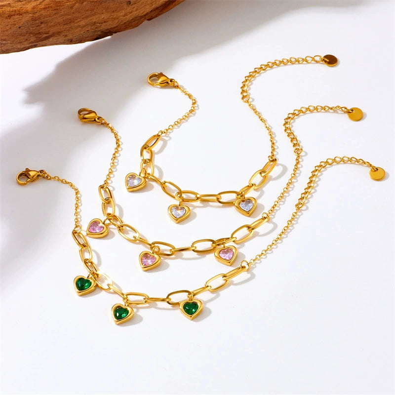Gold Plated Stainless Steel Gemstone Inlay Heart Charm Bracelet / KB1004