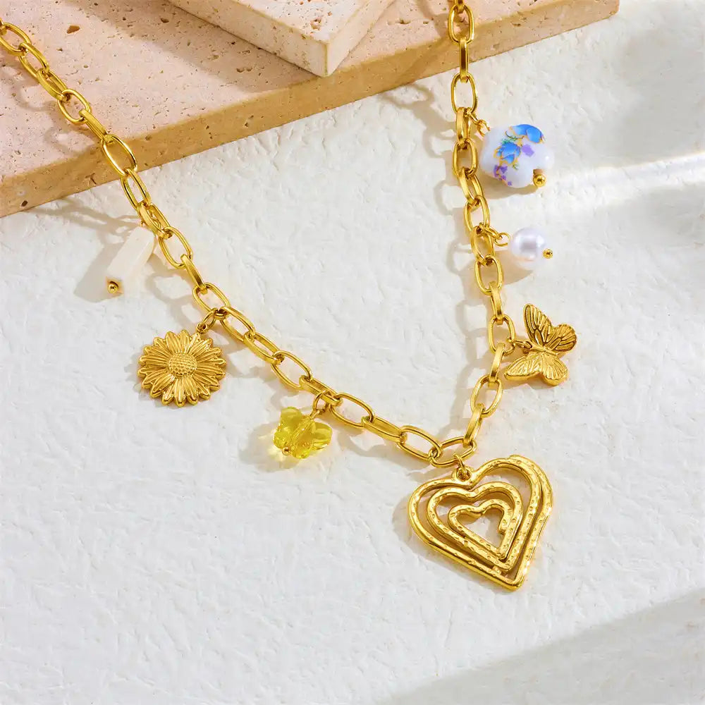 Gold Plated Stainless Steel Heart Charm Necklace / KN4013