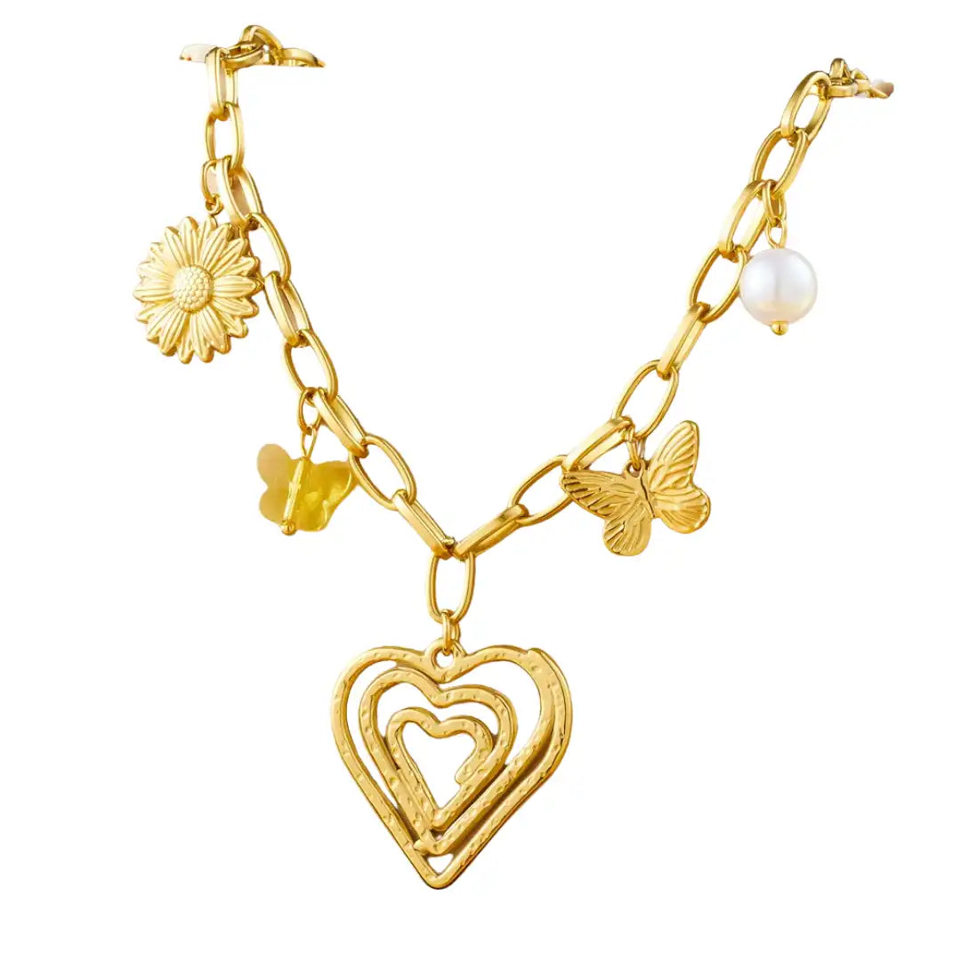Gold Plated Stainless Steel Heart Charm Necklace / KN4013