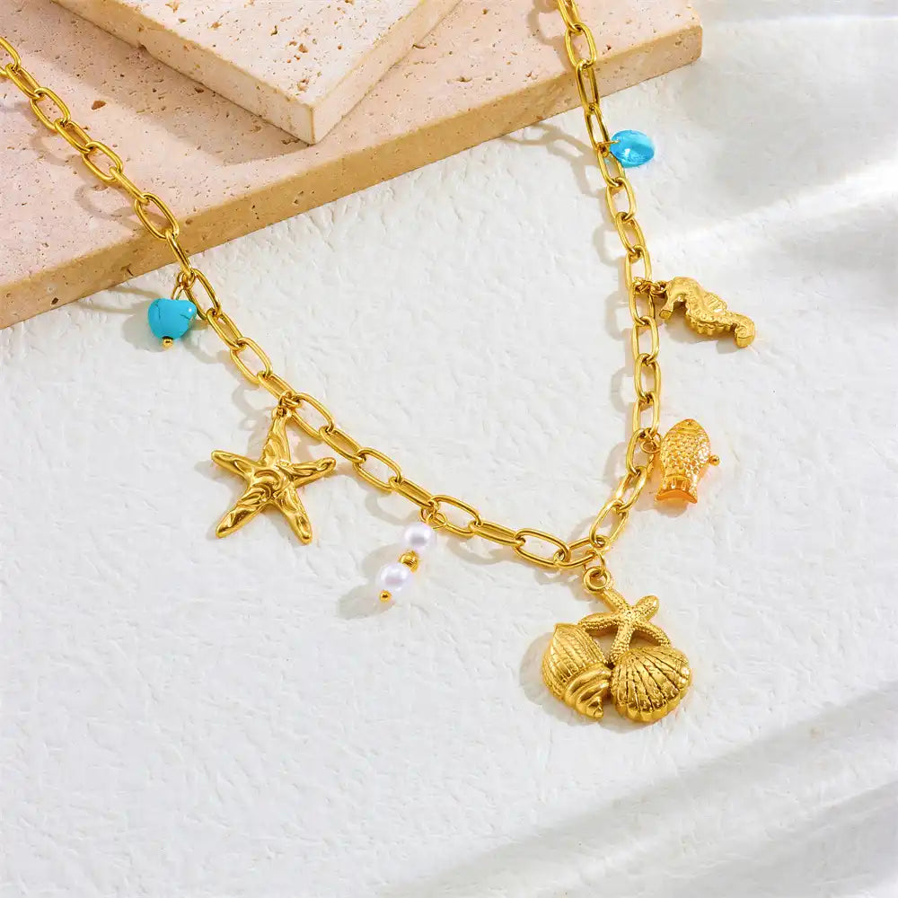 Gold Plated Stainless Steel Maritime Charm Necklace / KN4004