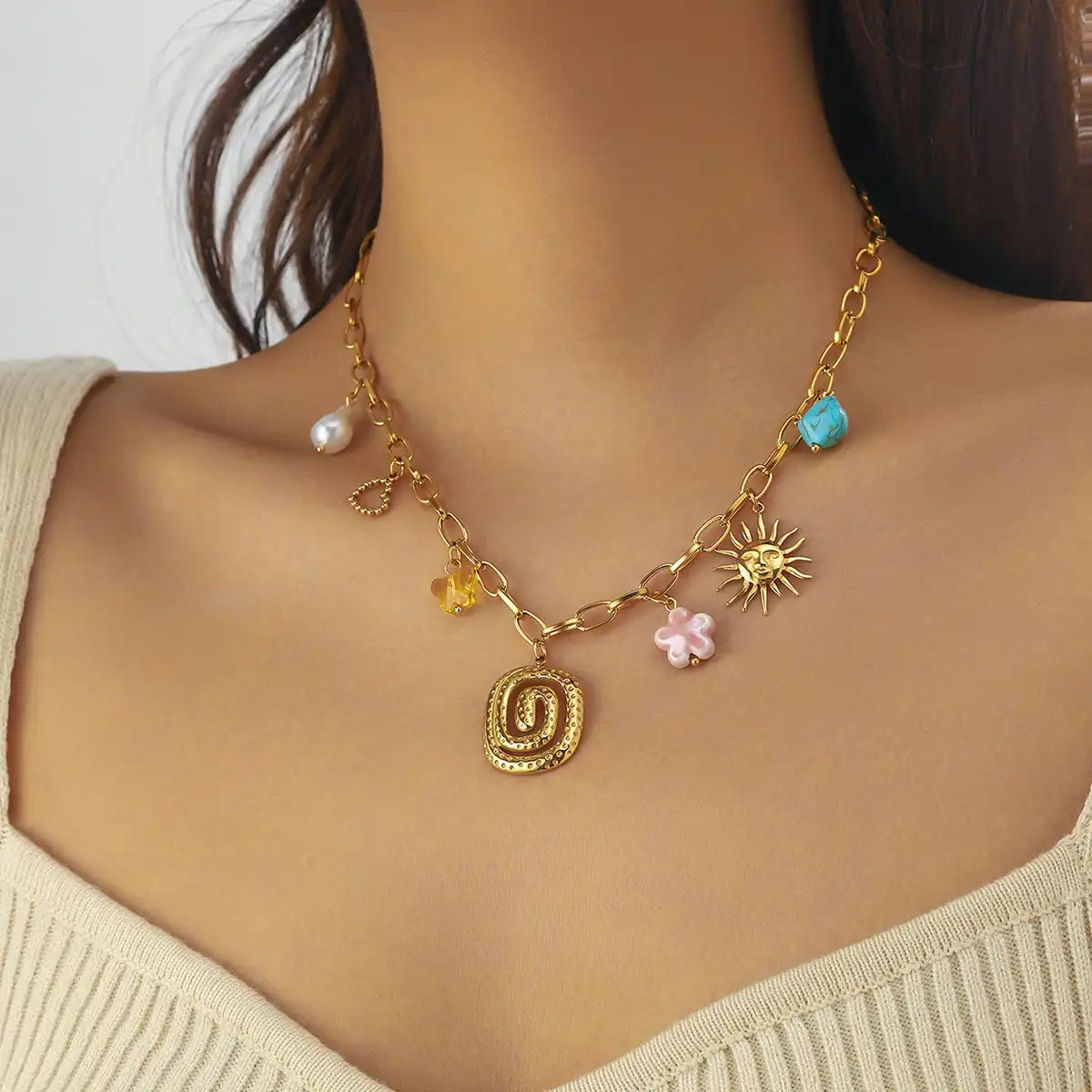 Gold Plated Stainless Steel Maritime Charm Necklace / KN4008