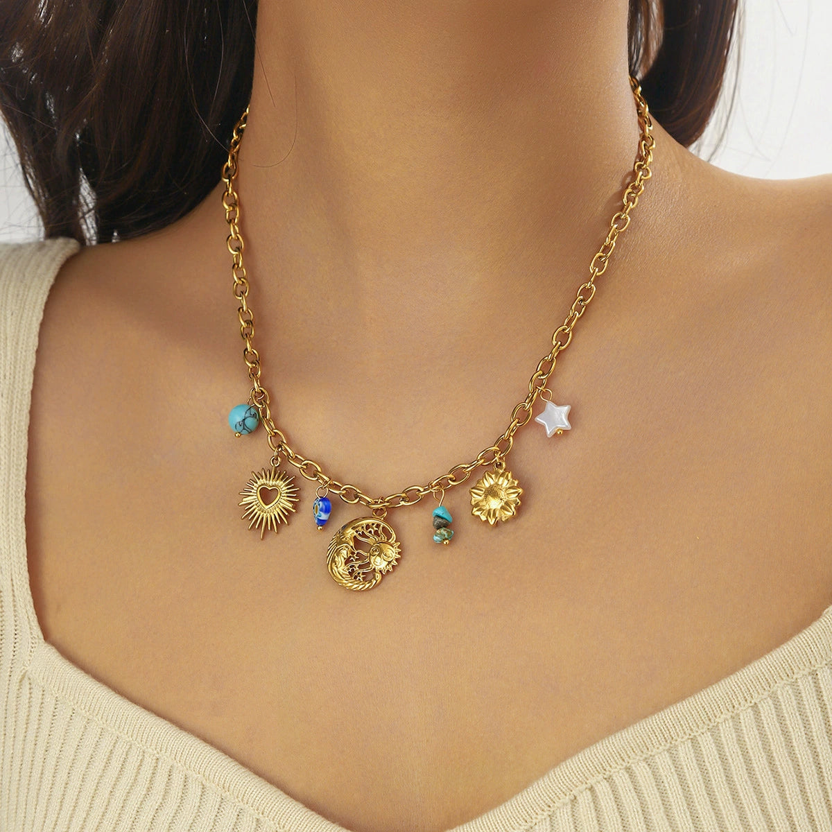 Gold Plated Stainless Steel Moon Star Sun Charm Necklace / KN4003