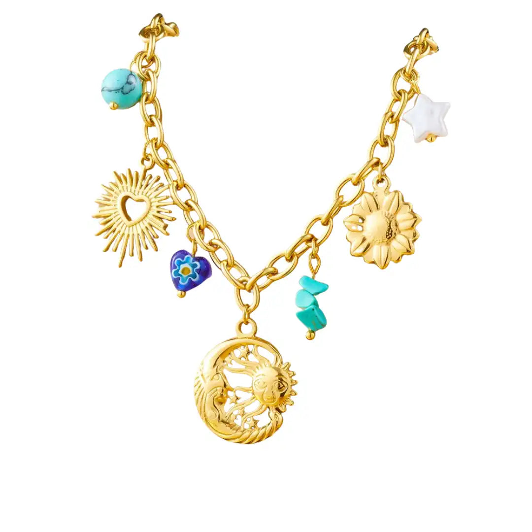 Gold Plated Stainless Steel Moon Star Sun Charm Necklace / KN4003