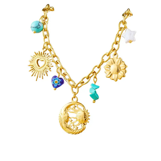 Gold Plated Stainless Steel Moon Star Sun Charm Necklace / KN4003
