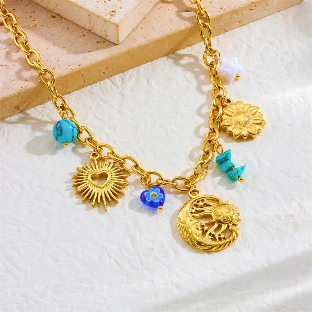 Gold Plated Stainless Steel Moon Star Sun Charm Necklace / KN4003