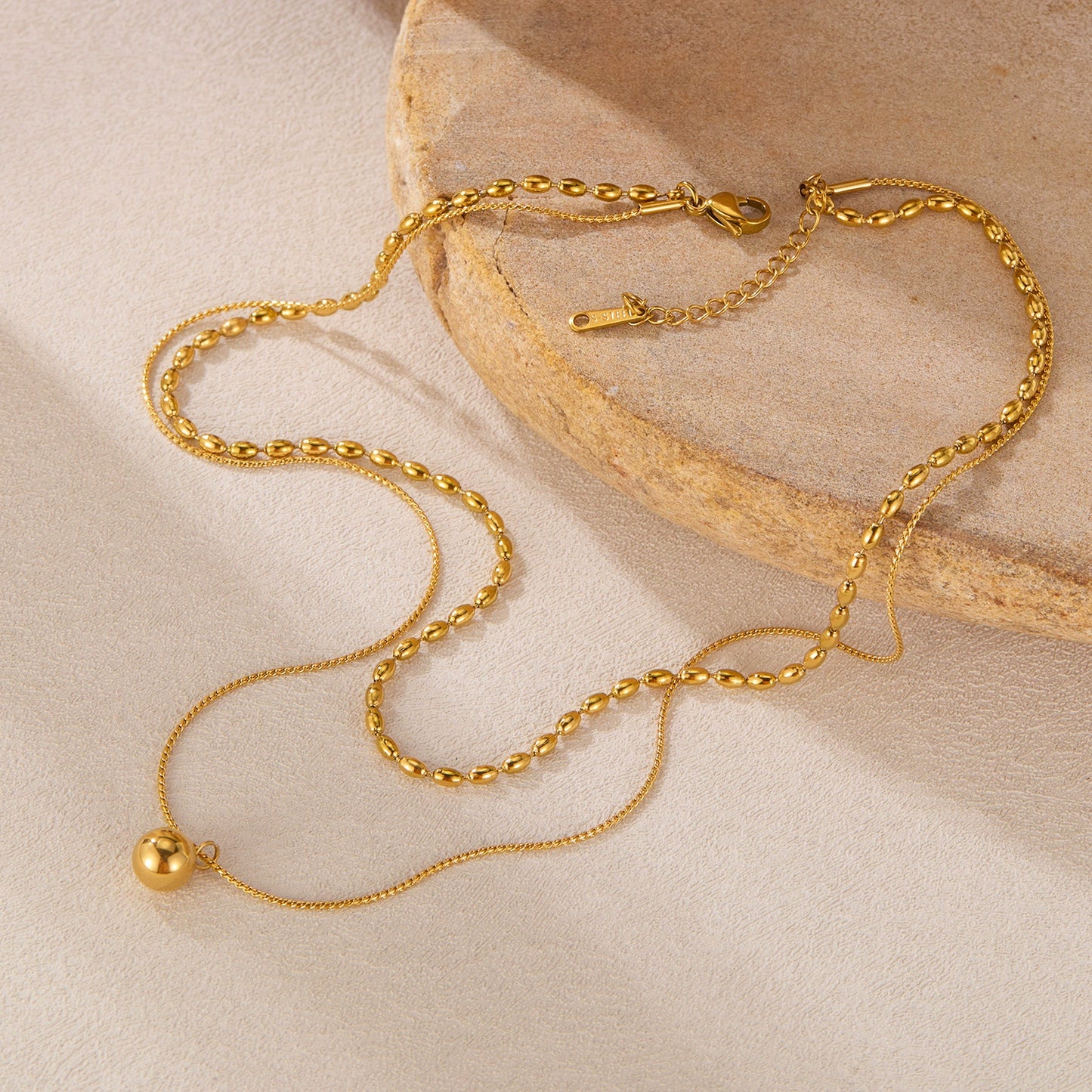 Gold Plated Stainless Steel Multi-Strand Beaded Ball Pendant Necklace / KN0003