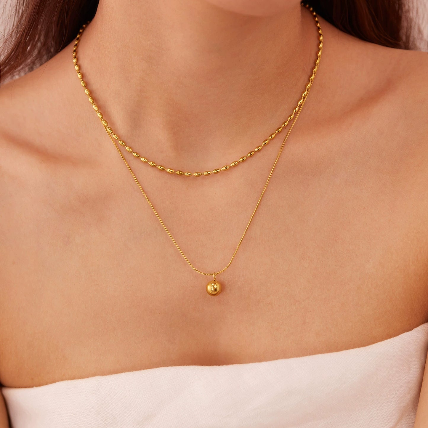 Gold Plated Stainless Steel Multi-Strand Beaded Ball Pendant Necklace / KN0003
