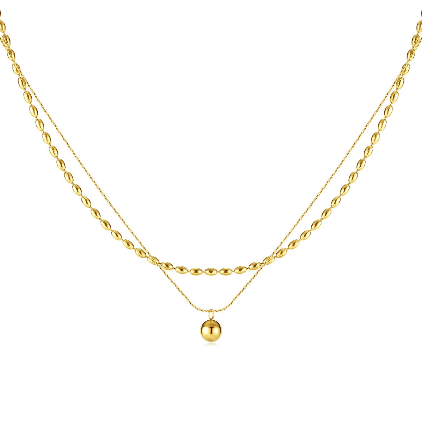 Gold Plated Stainless Steel Multi-Strand Beaded Ball Pendant Necklace / KN0003