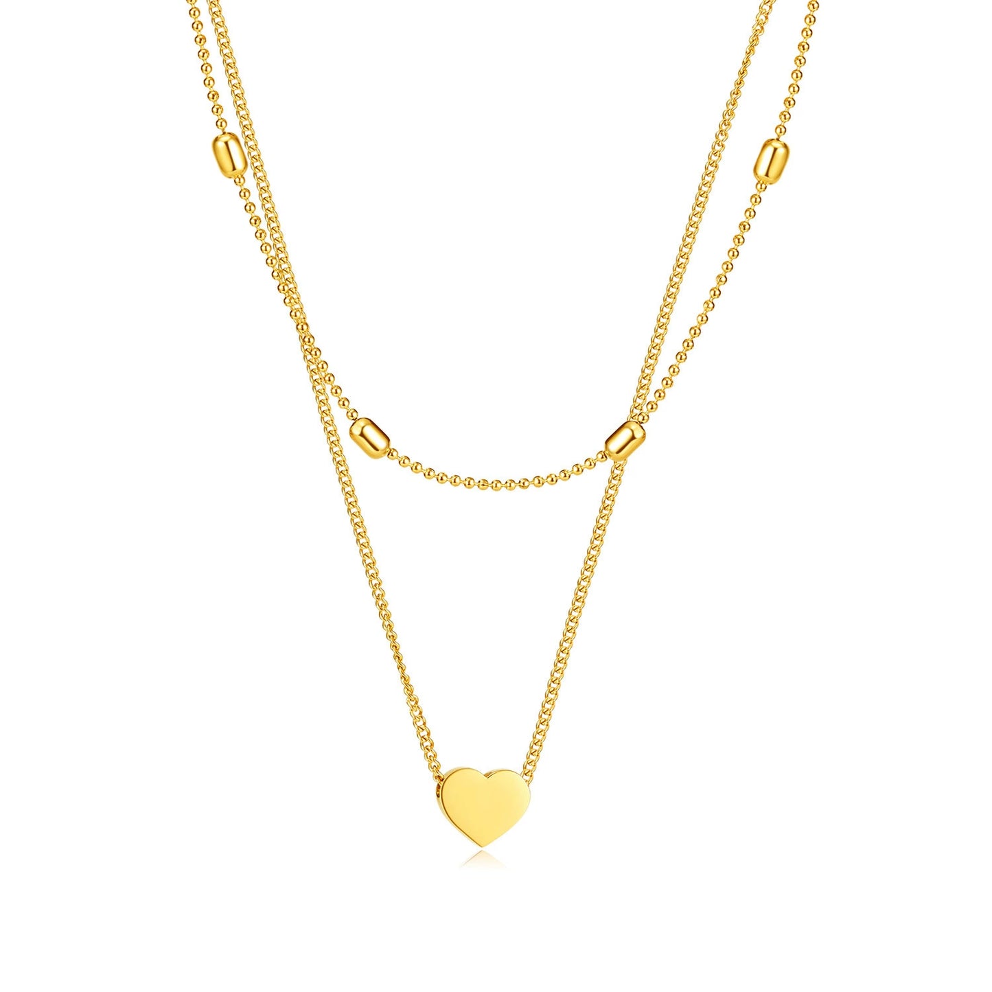 Gold Plated Stainless Steel Multi-Strand Beaded Heart Pendant Necklace / KN0004