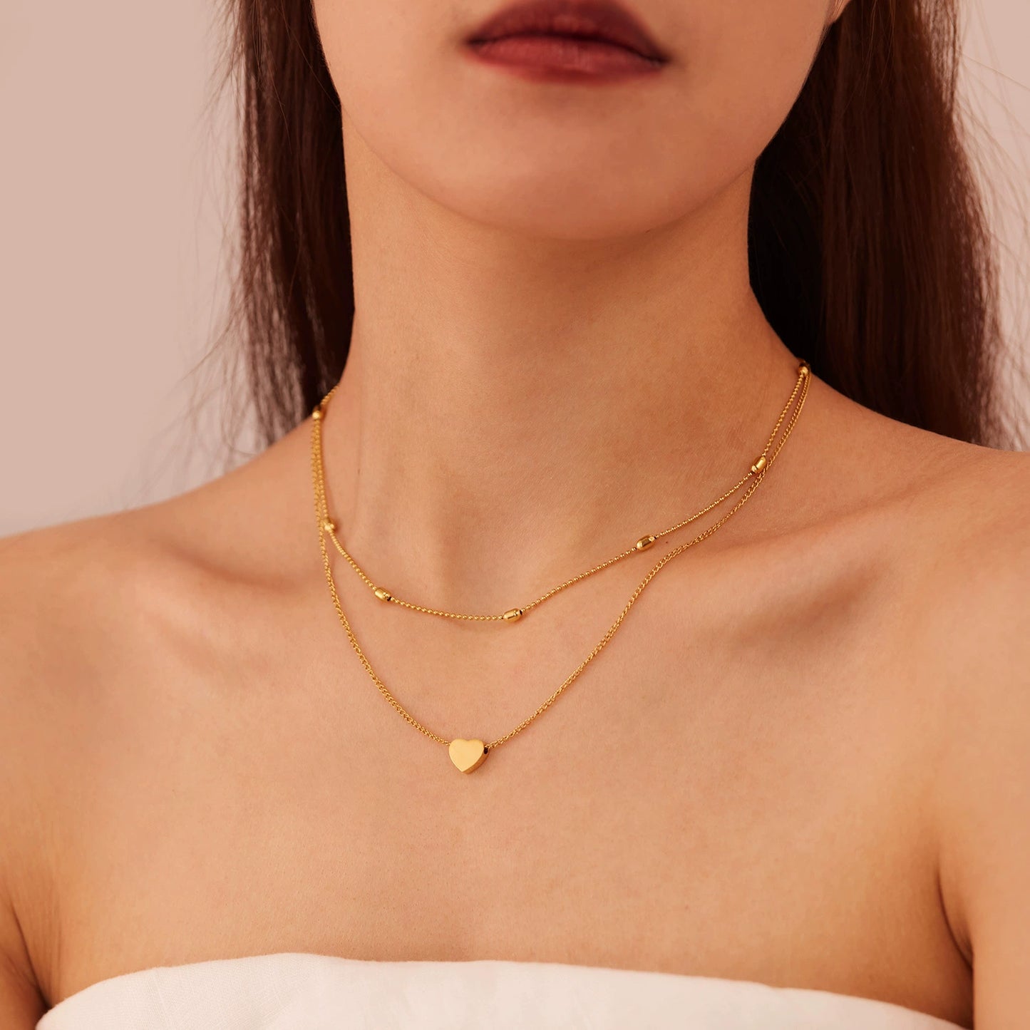 Gold Plated Stainless Steel Multi-Strand Beaded Heart Pendant Necklace / KN0004