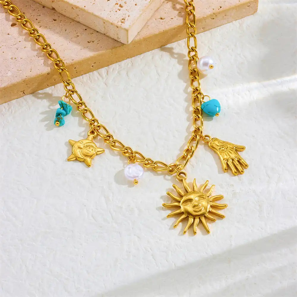 Gold Plated Stainless Steel Smile Sun Charm Necklace / KN4012