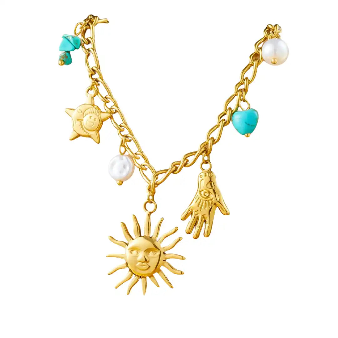 Gold Plated Stainless Steel Smile Sun Charm Necklace / KN4012