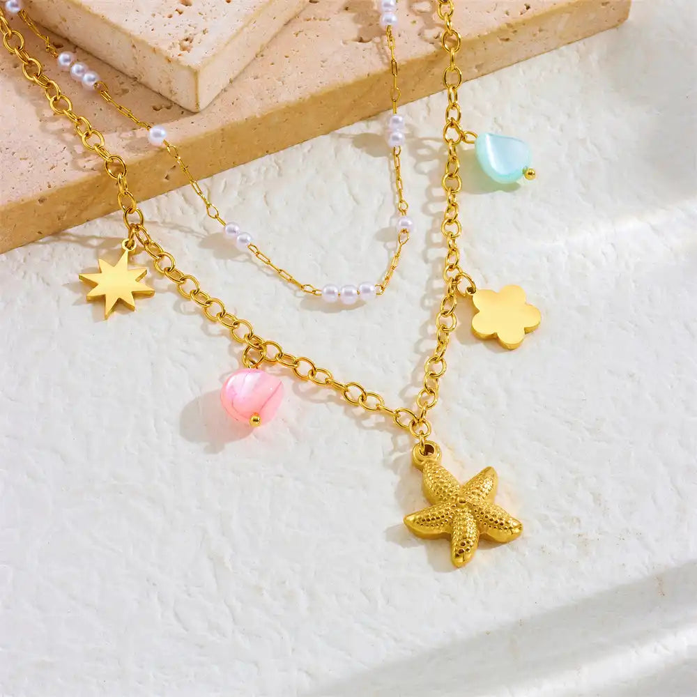 Gold Plated Stainless Steel Starfish Charm Necklace / KN4005