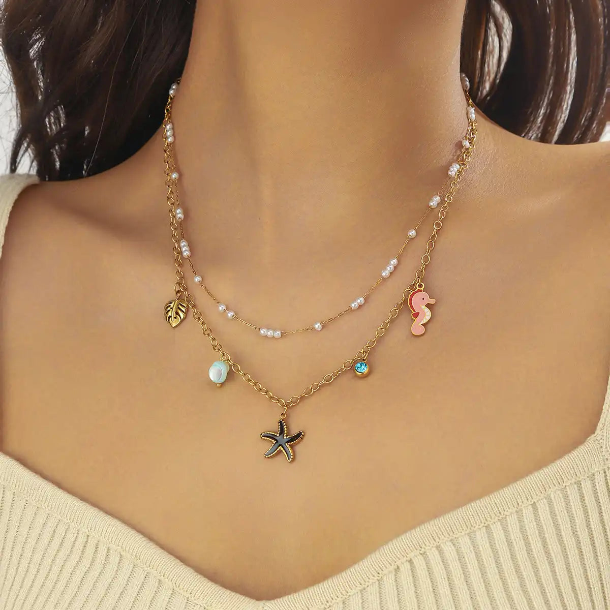 Gold Plated Stainless Steel Stone Black Starfish Charm Necklace / KN4006