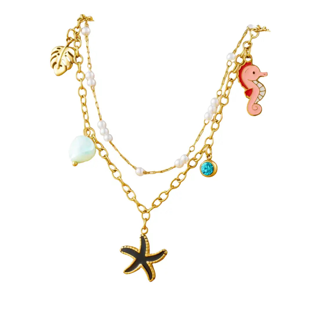 Gold Plated Stainless Steel Stone Black Starfish Charm Necklace / KN4006