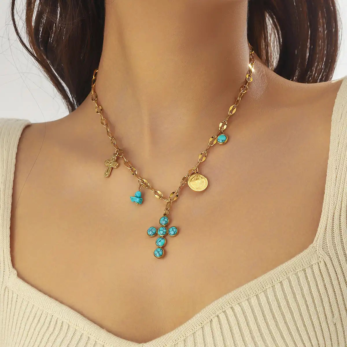 Gold Plated Stainless Steel Stone Inlay Cross Charm Necklace / KN4007