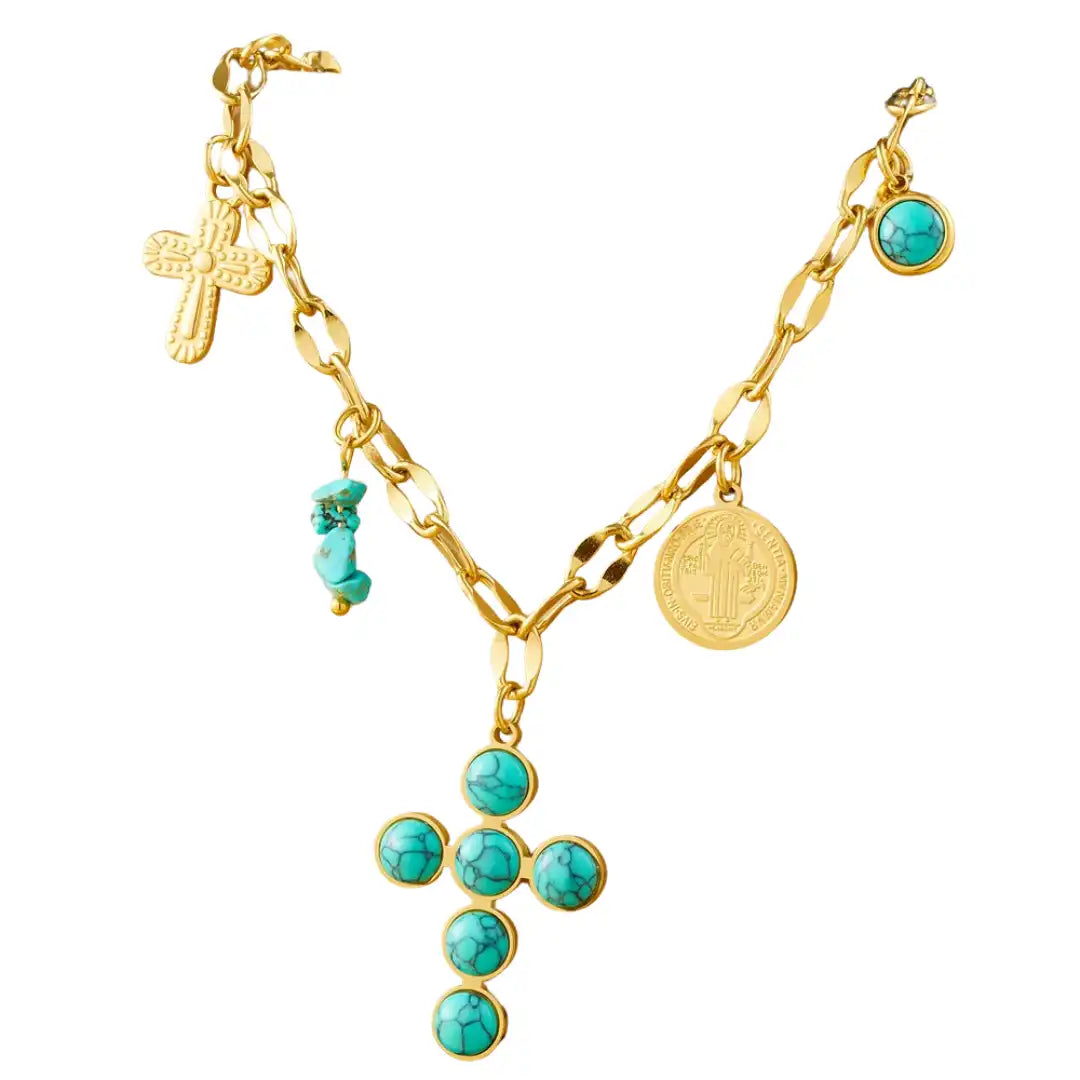 Gold Plated Stainless Steel Stone Inlay Cross Charm Necklace / KN4007