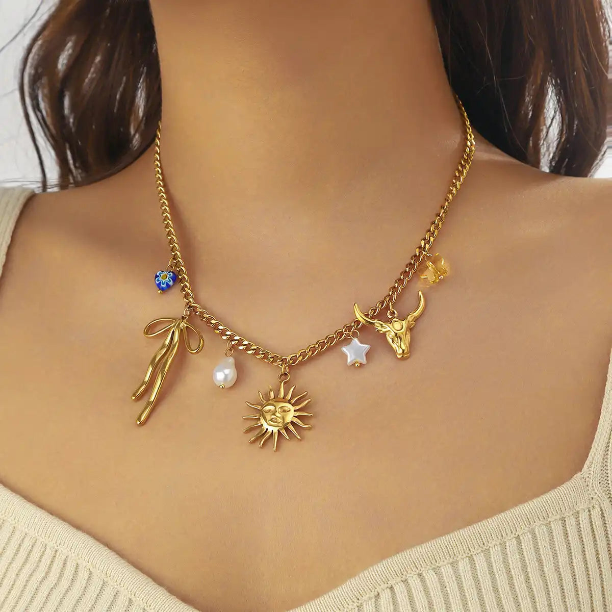 Gold Plated Stainless Steel Sun Charm Necklace / KN4009