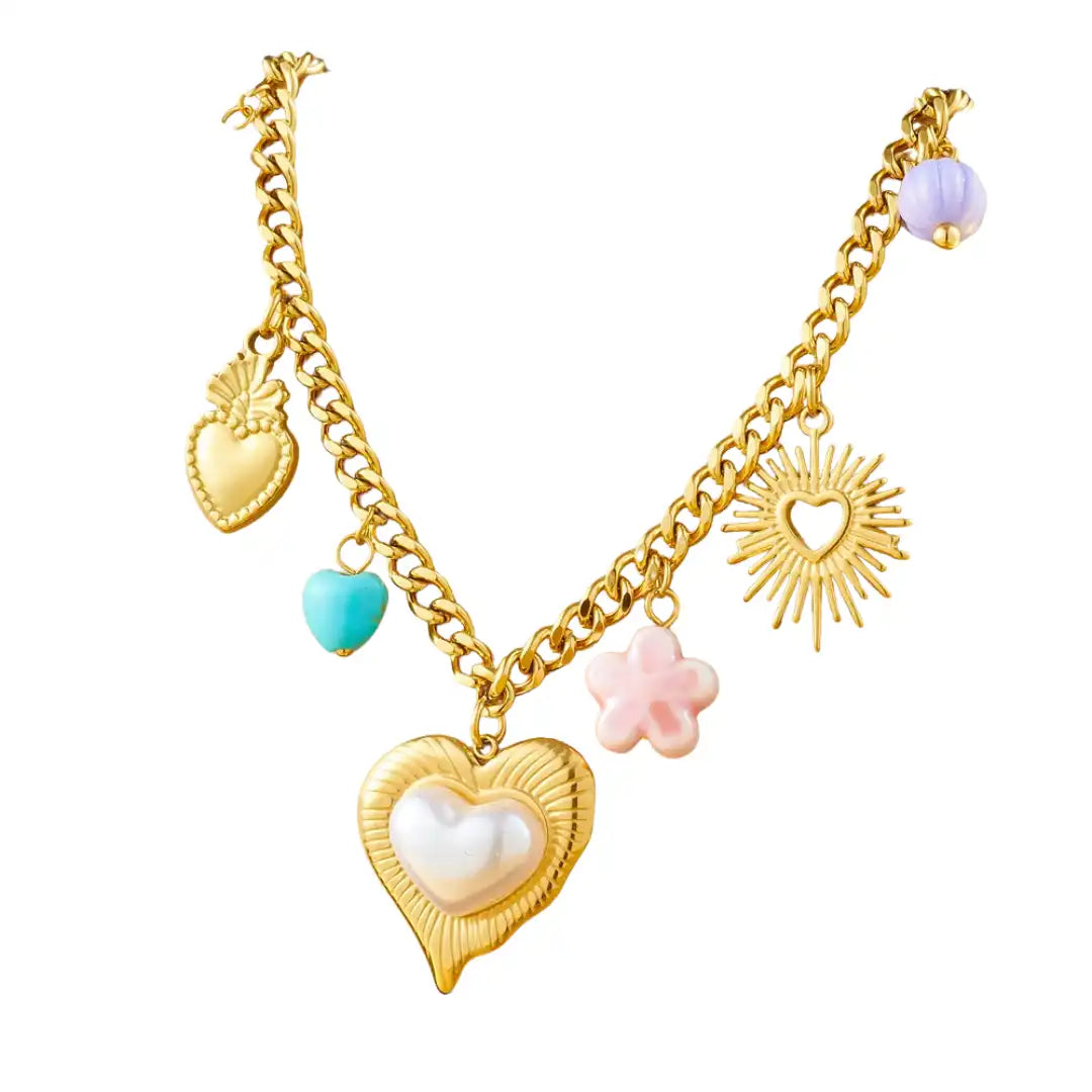 Gold Plated Stainless Steel Heart Charm Necklace / KN4010