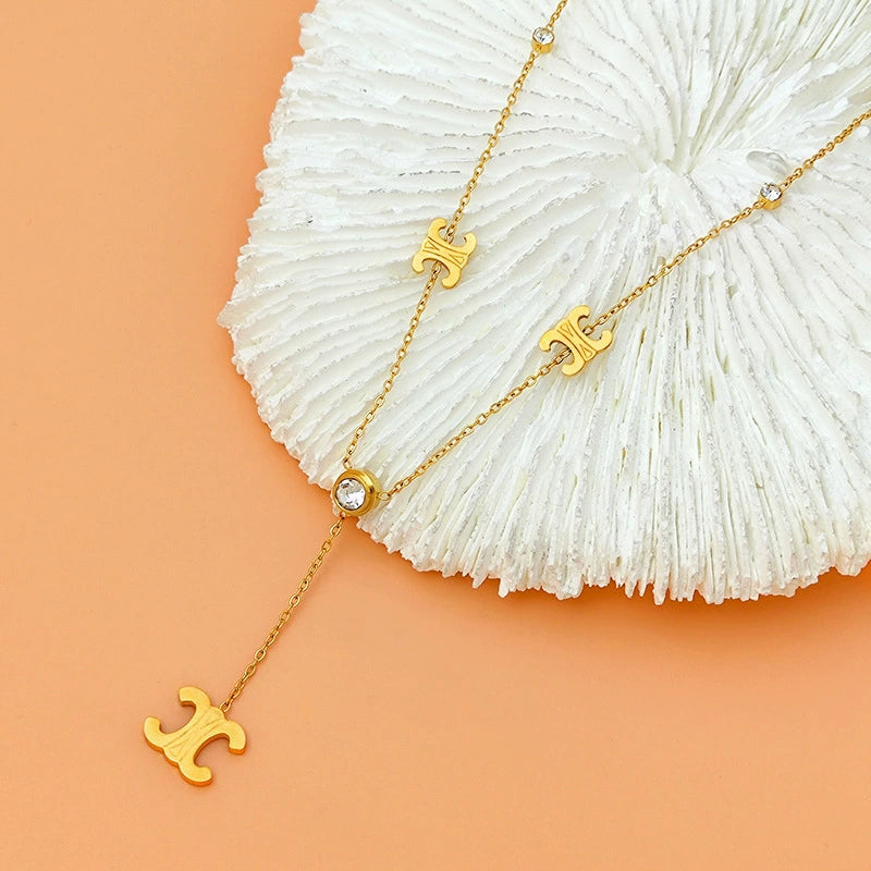 Gold Plated Stainless Steel Triumphal Arch Pendant Lariat Necklace / KN2003