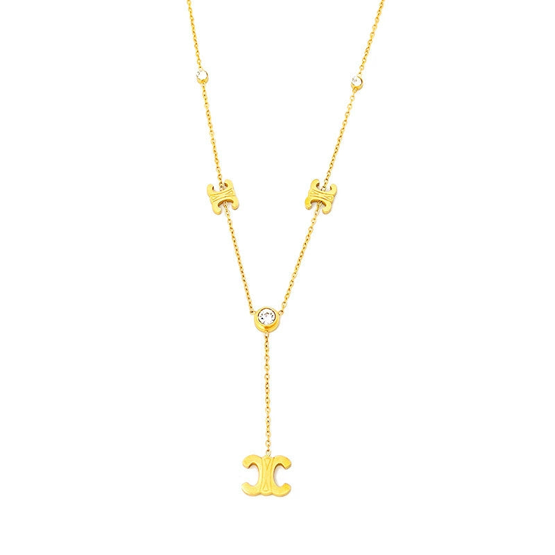 Gold Plated Stainless Steel Triumphal Arch Pendant Lariat Necklace / KN2003