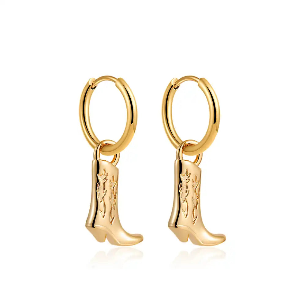 1 Pair Gold Plated Western Cowboy Boots Pendant Drop Earring / KE0020