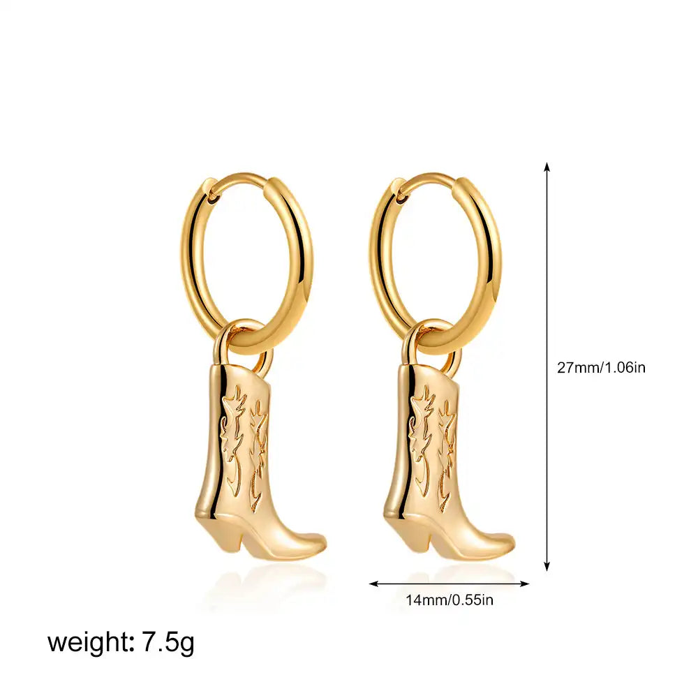 1 Pair Gold Plated Western Cowboy Boots Pendant Drop Earring / KE0020