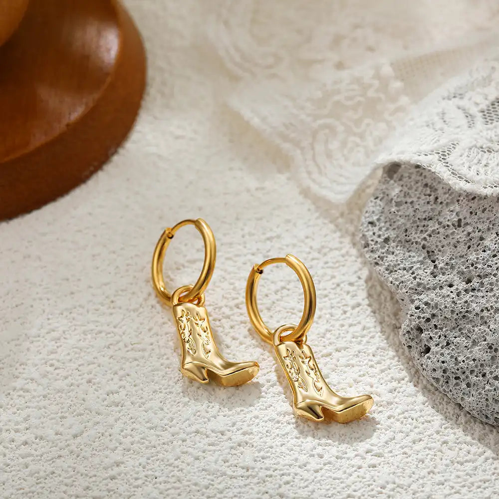 1 Pair Gold Plated Western Cowboy Boots Pendant Drop Earring / KE0020