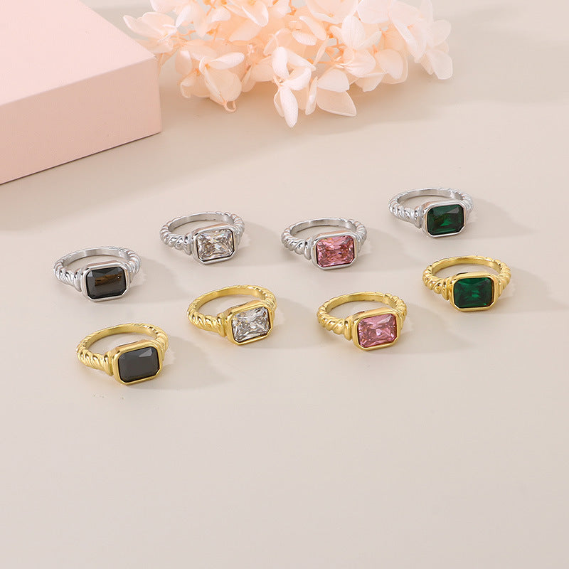 Gold Plated Stainless Steel Glass Gemstone Solitaire Ring / KR0011