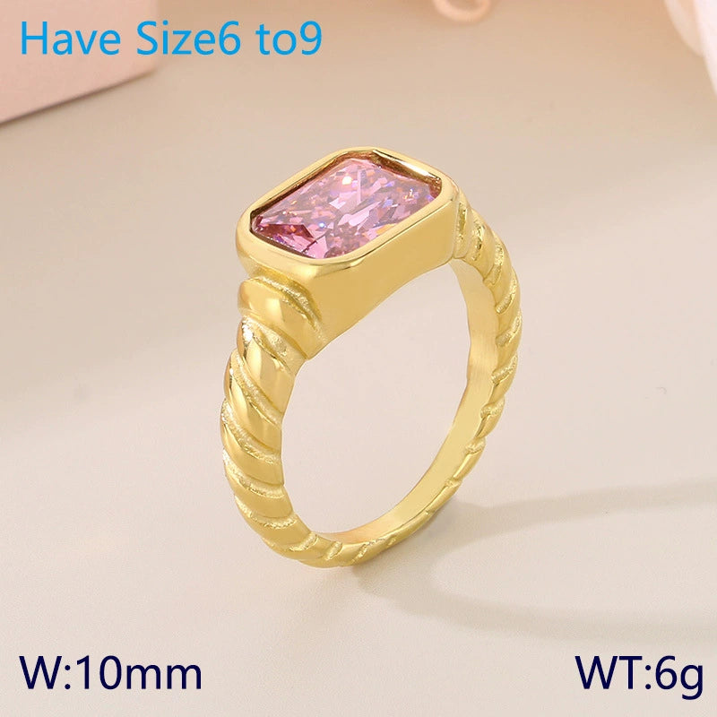 Gold Plated Stainless Steel Glass Gemstone Solitaire Ring / KR0011