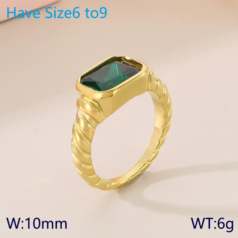 Gold Plated Stainless Steel Glass Gemstone Solitaire Ring / KR0011