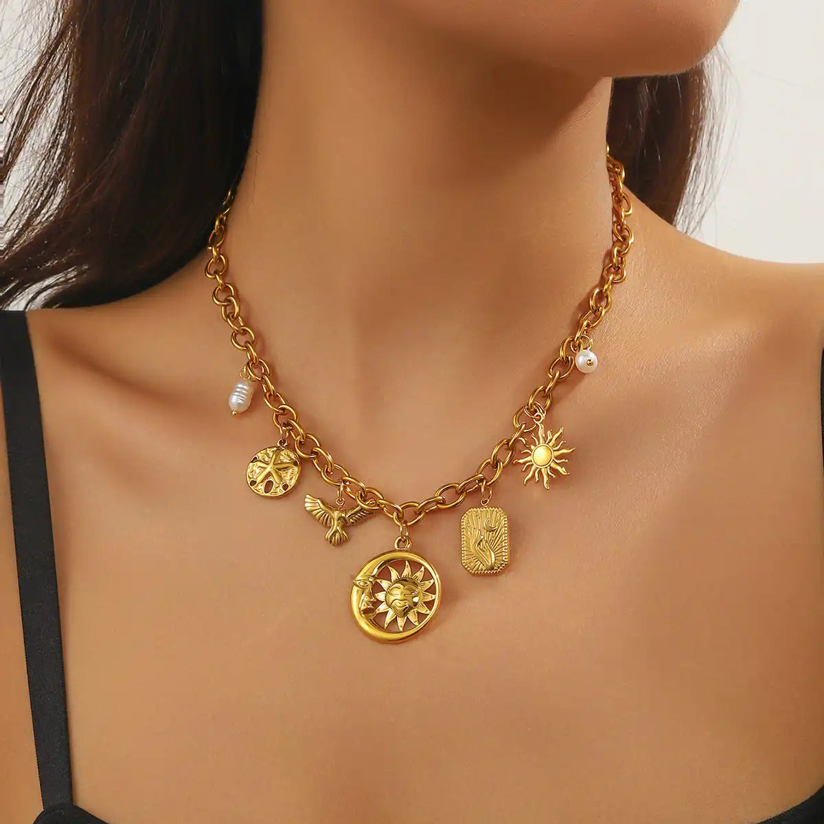 Gold Plated Stainless Steel Sunflower Charm Necklace / KN4011