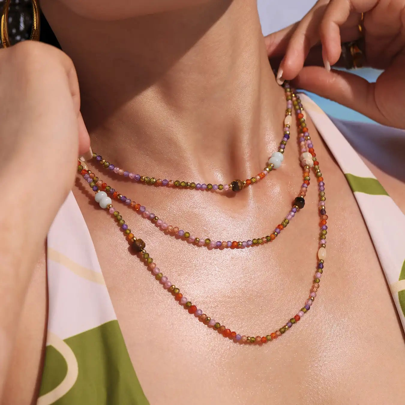 Handmade beaded string cut zircon and tiger's eye stone Necklace / 25004019