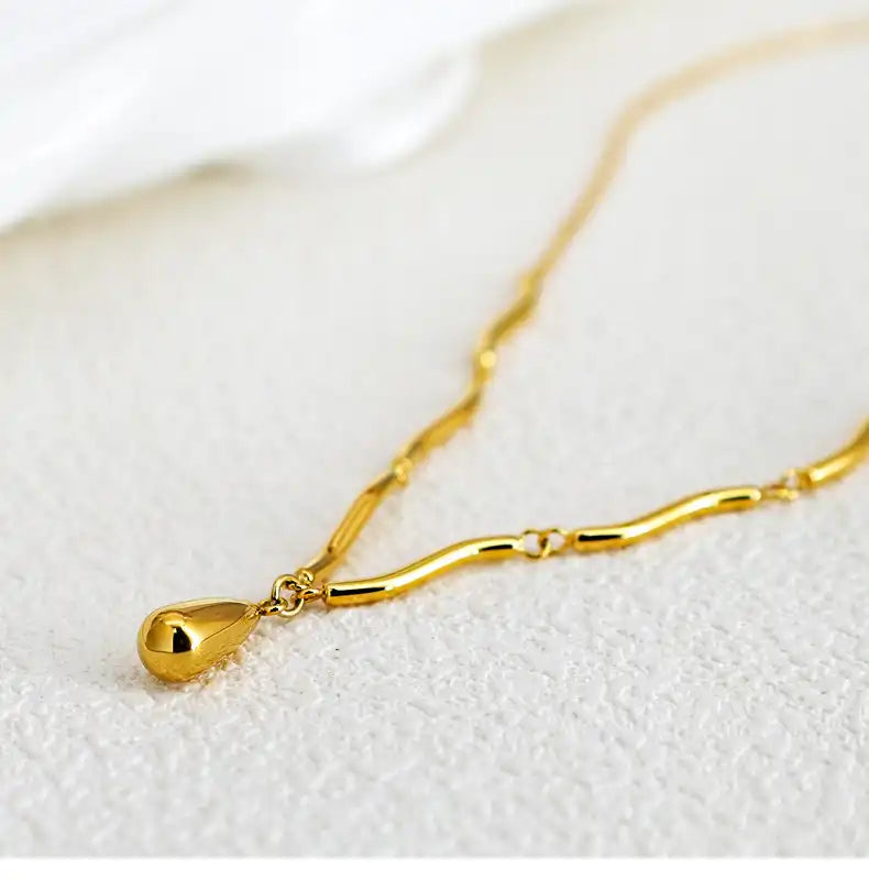 Irregular curved tube wave chain waterdrop pendant necklace / 25004041
