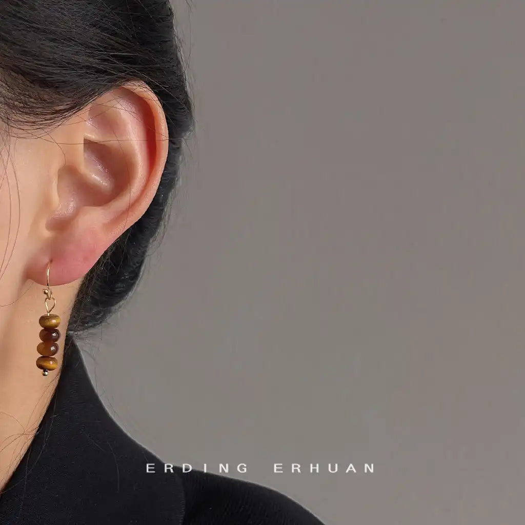 1 Pair Vintage Tiger Eye's Stone Dangle Earrings Wholesale / KE0005