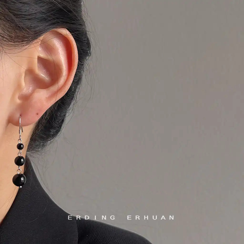 1 Pair Vintage Black Agate Stone Dangle Earrings Wholesale / KE0008