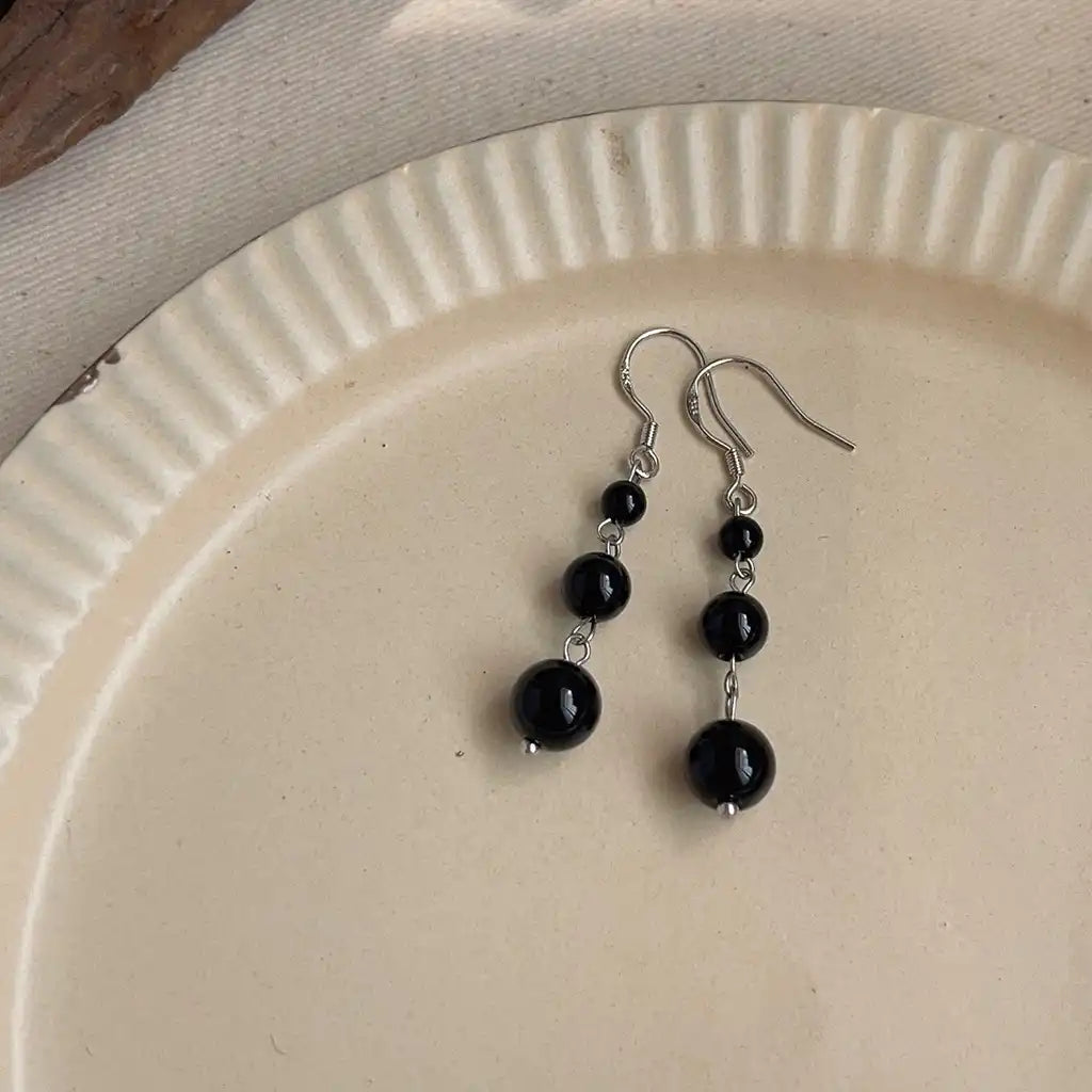 1 Pair Vintage Black Agate Stone Dangle Earrings Wholesale / KE0008