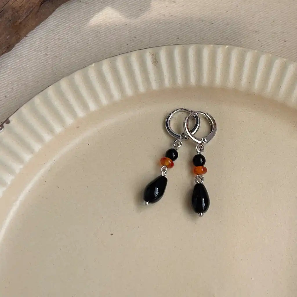 1 Pair Vintage Water-Drop Black Agate Stone Dangle Earrings Wholesale / KE0009