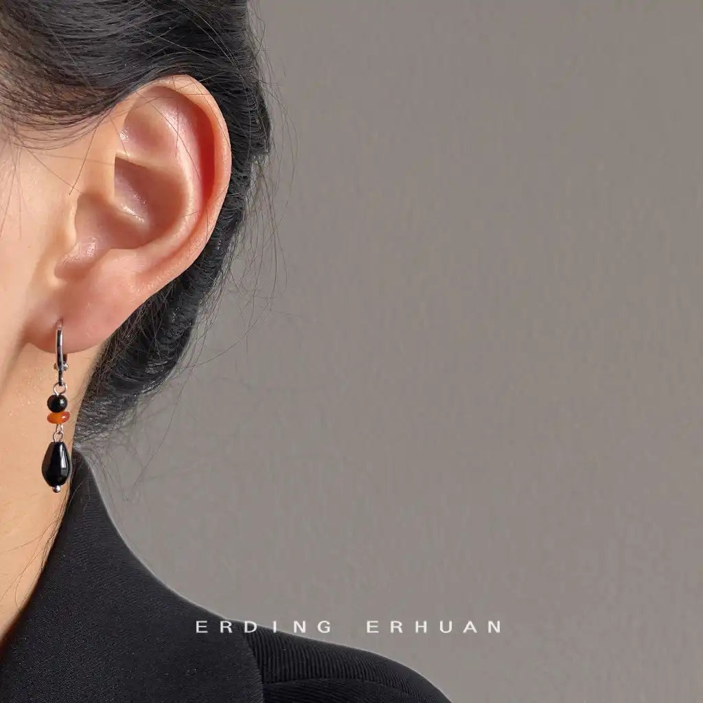1 Pair Vintage Water-Drop Black Agate Stone Dangle Earrings Wholesale / KE0009