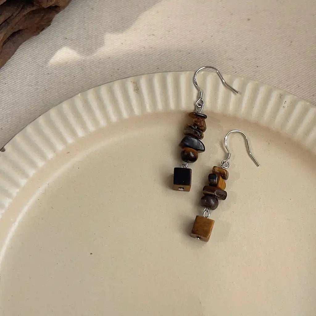 1 Pair Vintage Tiger Eyes Stone Dangle Earrings / KE0014