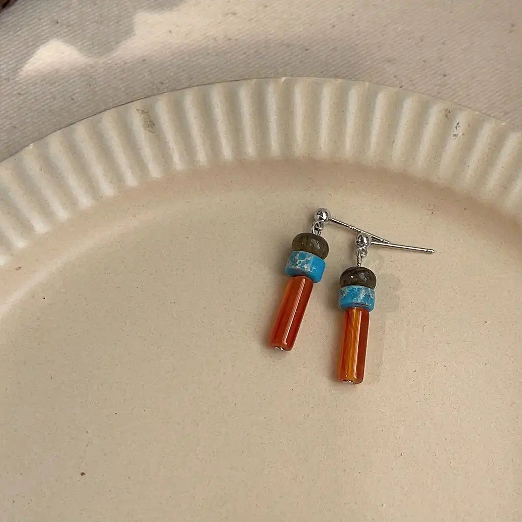 1 Pair Vintage Red Agate Stone Drop Earrings / KE0015
