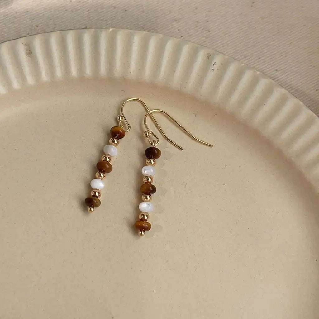 1 Pair Vintage Pearl Tiger Eyes Stone Dangle Earrings / KE0016