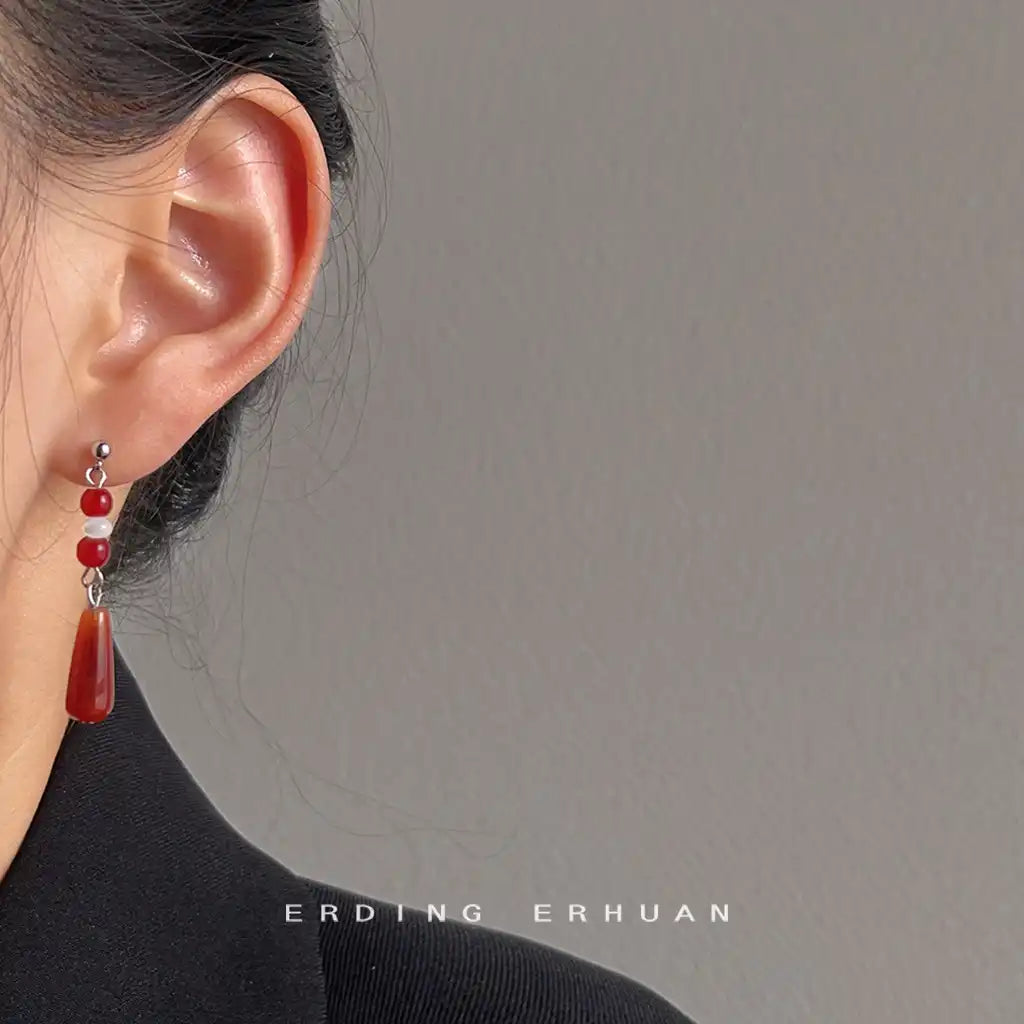 1 Pair Vintage Red Agate Dangle Earrings / KE0018