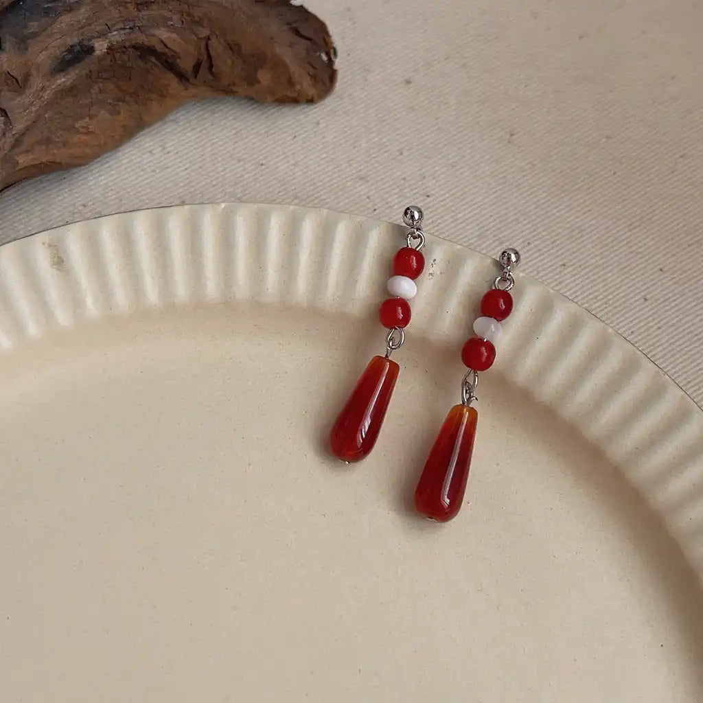 1 Pair Vintage Red Agate Dangle Earrings / KE0018