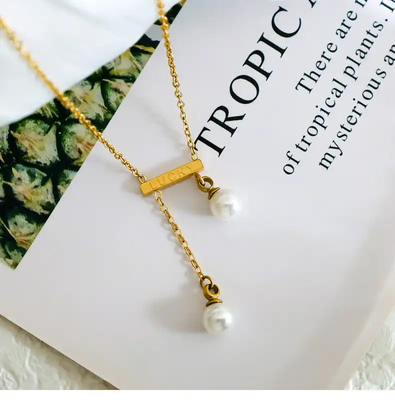 LUCKY Engraved Bar Pearl Tassel Pendant Necklace / 25004040