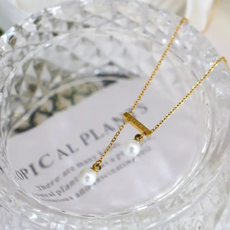 LUCKY Engraved Bar Pearl Tassel Pendant Necklace / 25004040